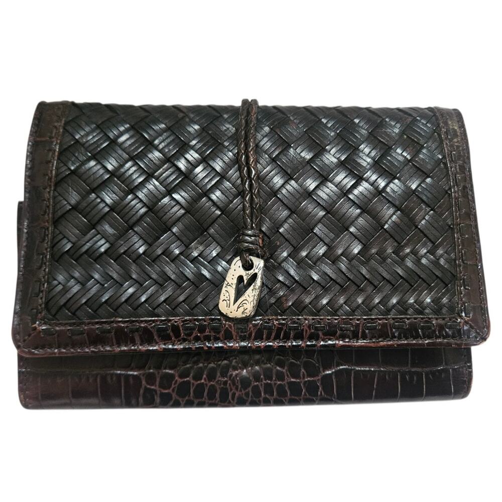 ​BRIGHTON Woven Leather Organizer Wallet Brown Mock Croc Heart Charm Trifold
